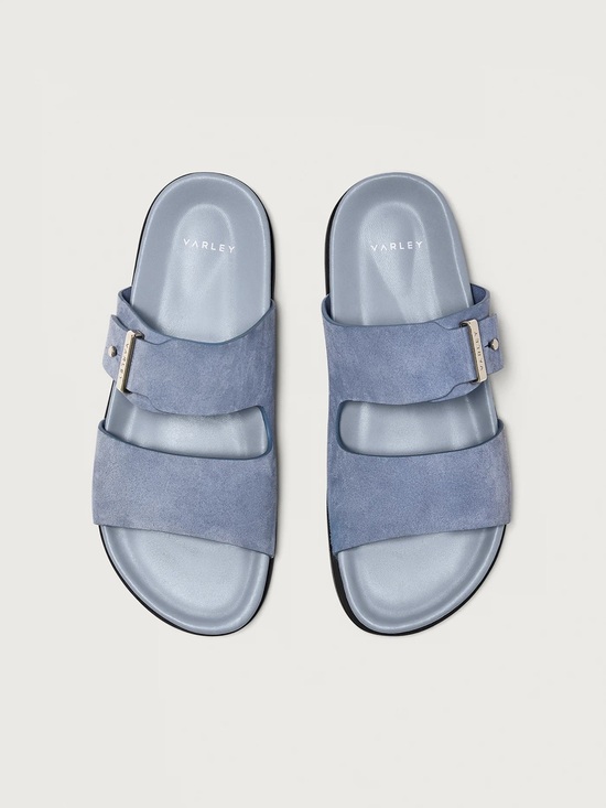 Varley Shoes - Varley Light Blue Suede Double-Strap Slide Sandals